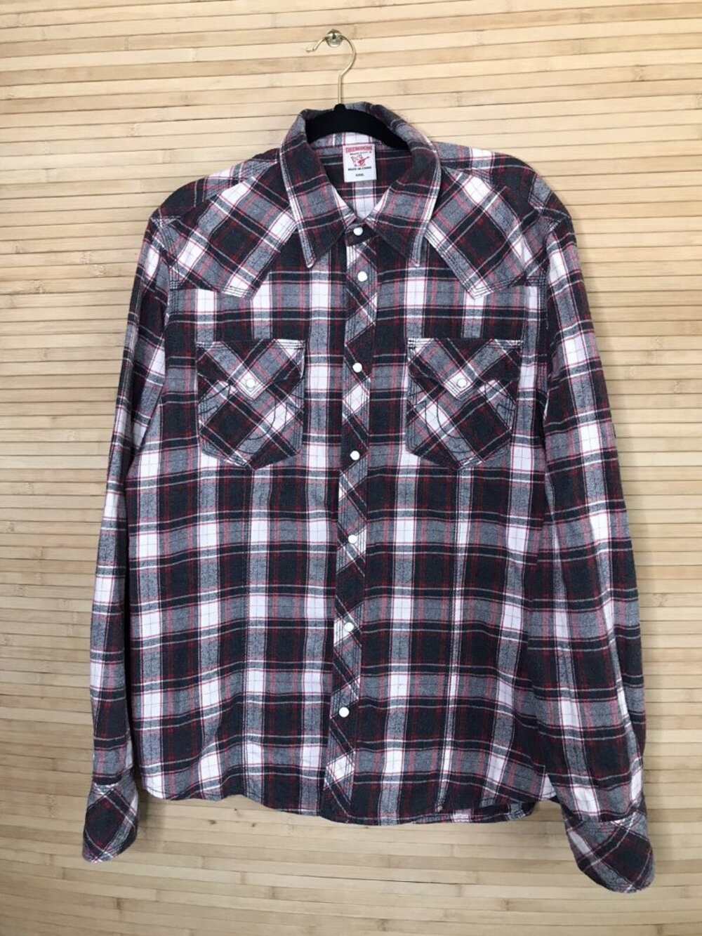 True Religion Pearl Snap Shirt Western Plaid Long Sleeve Gray red xxxl 46" chest